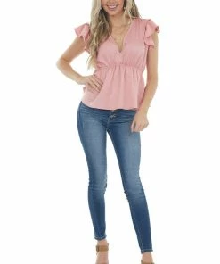 Entro Baby Pink V Neck Short Flutter Sleeve Blouse