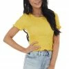 She + Sky Lemon Short Sleeve Smocked Crop Top With Ruffled Hemline Tops