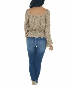 FSL APPAREL Beige Animal Print Ruching Front Peplum Blouse Tops 24 FSL APPAREL Beige Animal Print Ruching Front Peplum Blouse Tops