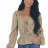 FSL APPAREL Beige Animal Print Ruching Front Peplum Blouse Tops