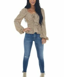 FSL APPAREL Beige Animal Print Ruching Front Peplum Blouse Tops 20 FSL APPAREL Beige Animal Print Ruching Front Peplum Blouse Tops