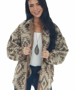 Main Strip Beige Aztec Print Button Up Shirt Jacket Tops