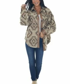 Main Strip Beige Aztec Print Button Up Shirt Jacket Tops