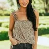 Haptics Beige Cheetah Smocked Ruffle Strap Tank Top