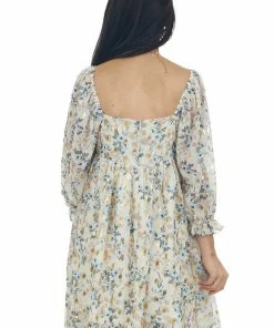 Sweet Lemon Beige Floral Metallic Print Babydoll Dress
