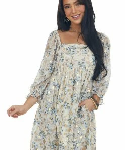 Sweet Lemon Beige Floral Metallic Print Babydoll Dress