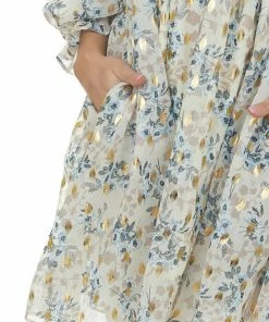 Sweet Lemon Beige Floral Metallic Print Babydoll Dress