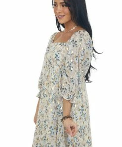 Sweet Lemon Beige Floral Metallic Print Babydoll Dress