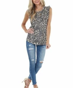 Lovely J Beige Leopard Print Babydoll Top With Ruffle Details