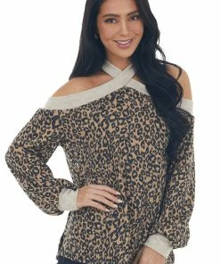 143 Story Beige Leopard Print Contrast Cold Shoulder Top