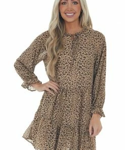 Hayden Beige Leopard Print Long Sleeve Ruffle Dress