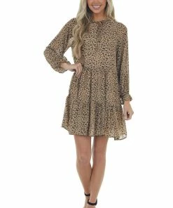 Hayden Beige Leopard Print Long Sleeve Ruffle Dress