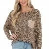 FSL APPAREL Beige Leopard Print Long Sleeve Top With Sequin Chest Pocket