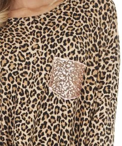 FSL APPAREL Beige Leopard Print Long Sleeve Top With Sequin Chest Pocket
