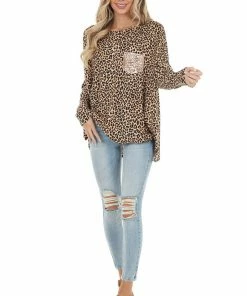 FSL APPAREL Beige Leopard Print Long Sleeve Top With Sequin Chest Pocket