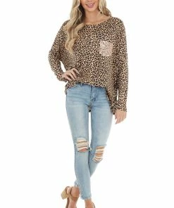 FSL APPAREL Beige Leopard Print Long Sleeve Top With Sequin Chest Pocket