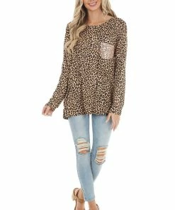FSL APPAREL Beige Leopard Print Long Sleeve Top With Sequin Chest Pocket