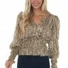 Do + Be Beige Leopard Print Surplice Smocked Blouse