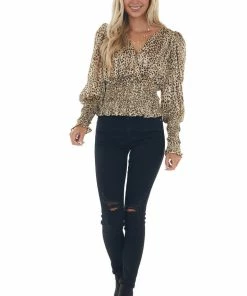 Do + Be Beige Leopard Print Surplice Smocked Blouse