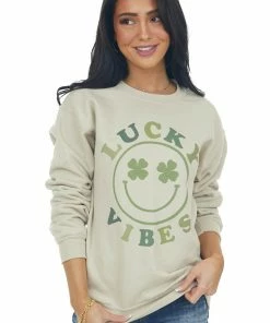 Blume+Co Beige 'Lucky Vibes' Smiley Graphic Sweatshirt