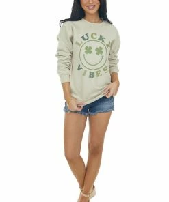 Blume+Co Beige 'Lucky Vibes' Smiley Graphic Sweatshirt