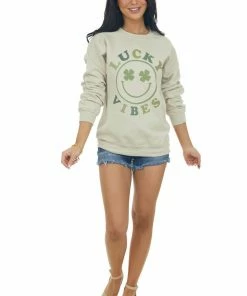 Blume+Co Beige 'Lucky Vibes' Smiley Graphic Sweatshirt