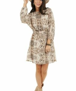 She + Sky Beige Snakeskin Print Short Dress With Smocked Waist Dresses