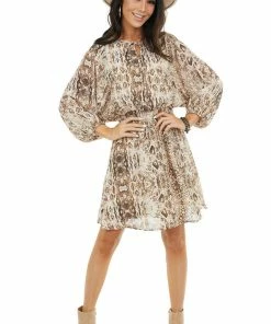 She + Sky Beige Snakeskin Print Short Dress With Smocked Waist Dresses