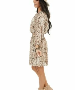 She + Sky Beige Snakeskin Print Short Dress With Smocked Waist Dresses