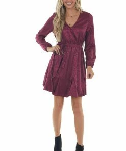 143 Story Dresses Berry Leopard Surplice Flounce Hem Dress