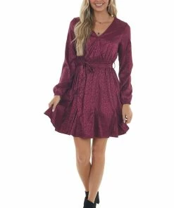 143 Story Dresses Berry Leopard Surplice Flounce Hem Dress