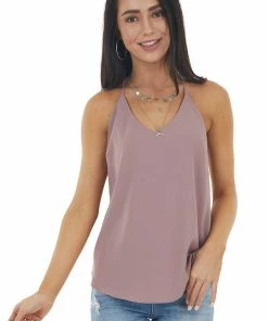 NAKED ZEBRA Tops Misty Mauve Sleeveless Woven Tank Top With Spaghetti Straps