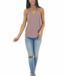 NAKED ZEBRA Tops Misty Mauve Sleeveless Woven Tank Top With Spaghetti Straps