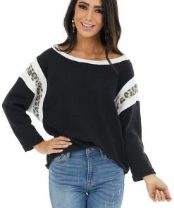 Ces Femme Tops Black 3/4 Sleeve Knit Top With Leopard Print Details
