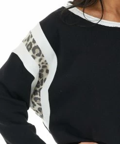 Ces Femme Tops Black 3/4 Sleeve Knit Top With Leopard Print Details