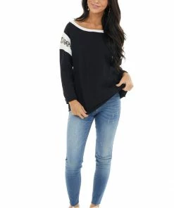 Ces Femme Tops Black 3/4 Sleeve Knit Top With Leopard Print Details