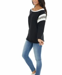 Ces Femme Tops Black 3/4 Sleeve Knit Top With Leopard Print Details