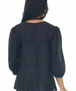 Davi & Dani Black 3/4 Sleeve Floral Eyelet Lace Blouse With V Neckline