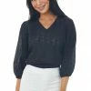 Davi & Dani Black 3/4 Sleeve Floral Eyelet Lace Blouse With V Neckline