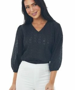 Davi & Dani Black 3/4 Sleeve Floral Eyelet Lace Blouse With V Neckline