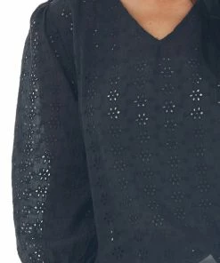 Davi & Dani Black 3/4 Sleeve Floral Eyelet Lace Blouse With V Neckline