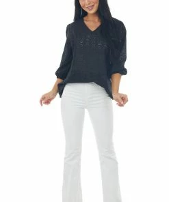 Davi & Dani Black 3/4 Sleeve Floral Eyelet Lace Blouse With V Neckline