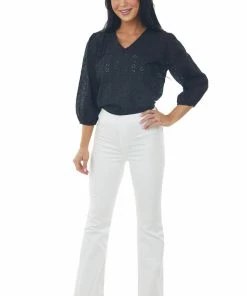 Davi & Dani Black 3/4 Sleeve Floral Eyelet Lace Blouse With V Neckline
