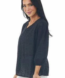 Davi & Dani Black 3/4 Sleeve Floral Eyelet Lace Blouse With V Neckline