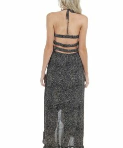 EPretty Black Abstract Print Open Back Dress With Ruffle Detail Dresses