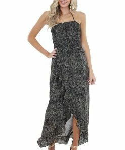 EPretty Black Abstract Print Open Back Dress With Ruffle Detail Dresses