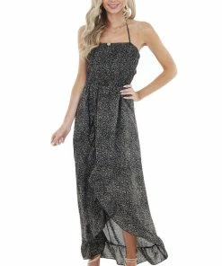 EPretty Black Abstract Print Open Back Dress With Ruffle Detail Dresses