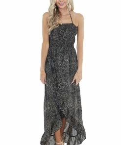 EPretty Black Abstract Print Open Back Dress With Ruffle Detail Dresses