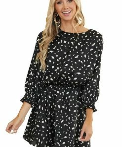 Umgee Black Abstract Print Short Woven Dress With 3/4 Sleeves