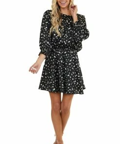 Umgee Black Abstract Print Short Woven Dress With 3/4 Sleeves